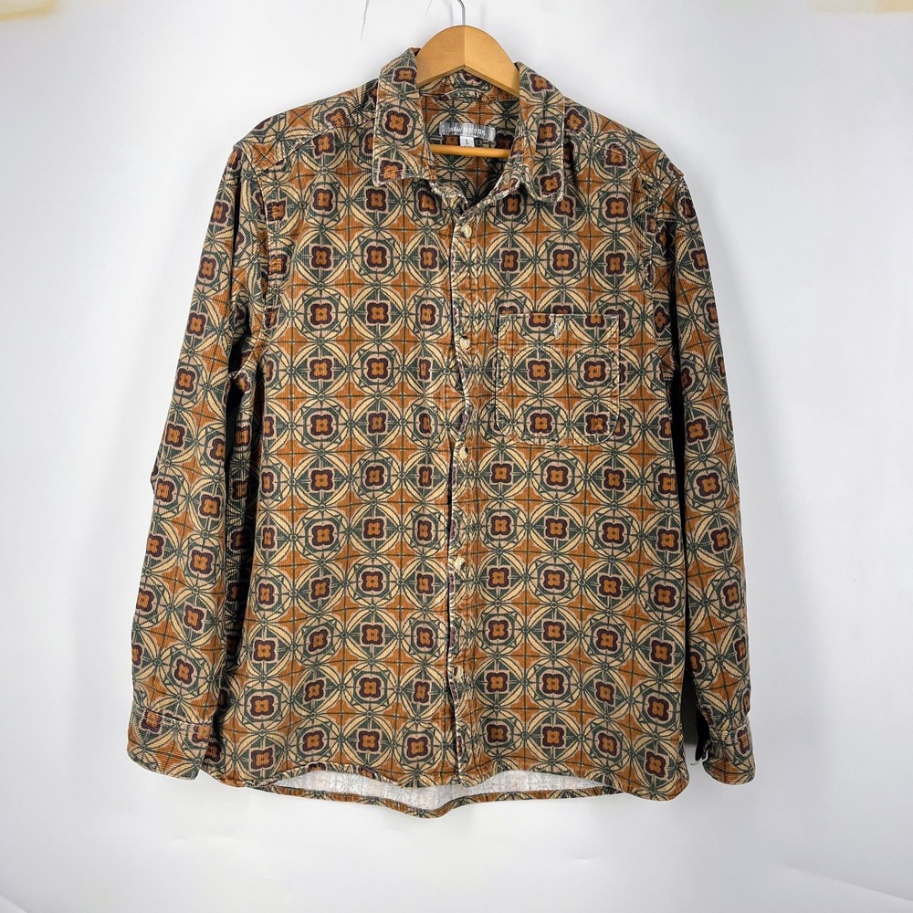 Urban Outfitters Mens‎ Corduroy Geometric Medallion Print Shirt Brown Tan Large